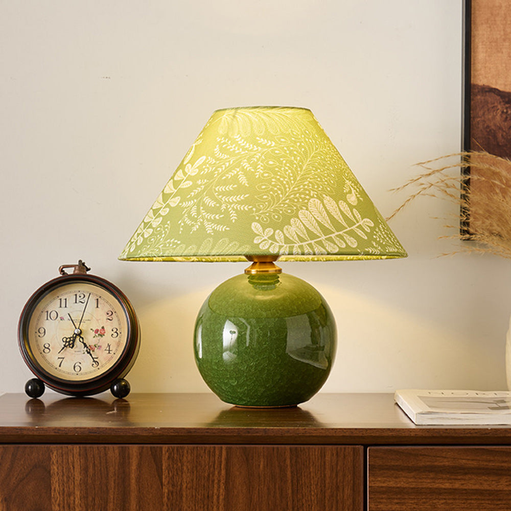 Moss Green Ceramic Table Lamp with Botanical Shade