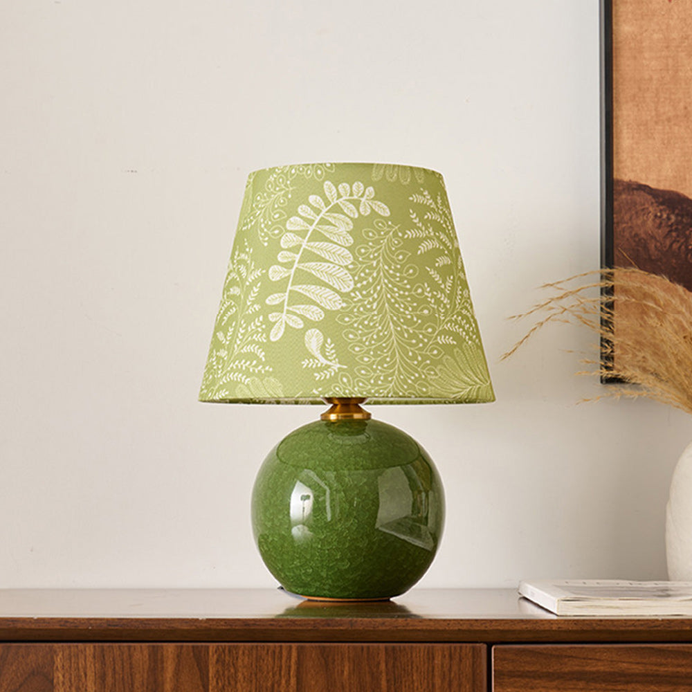 Moss Green Ceramic Table Lamp with Botanical Shade
