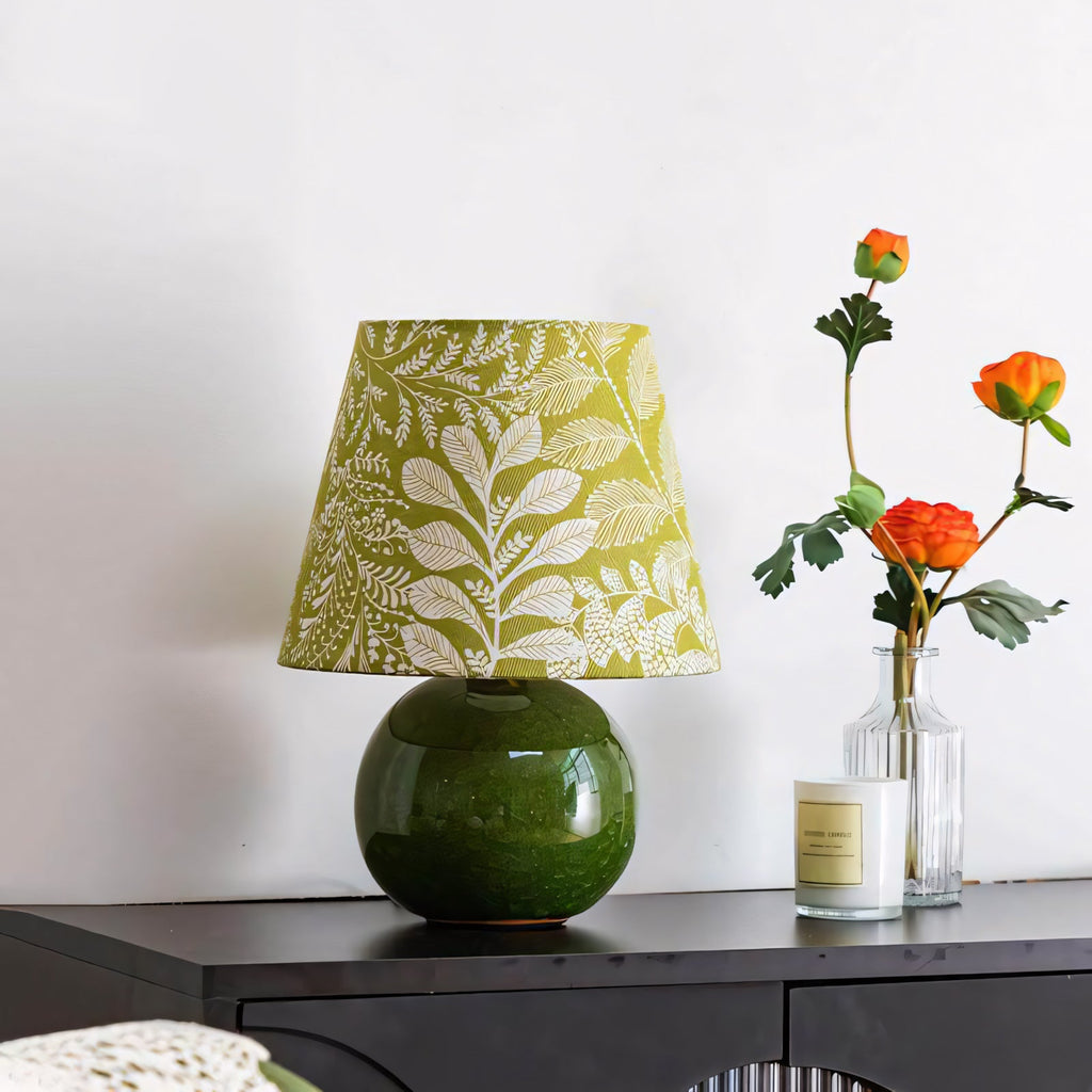 Moss Green Ceramic Table Lamp with Botanical Shade