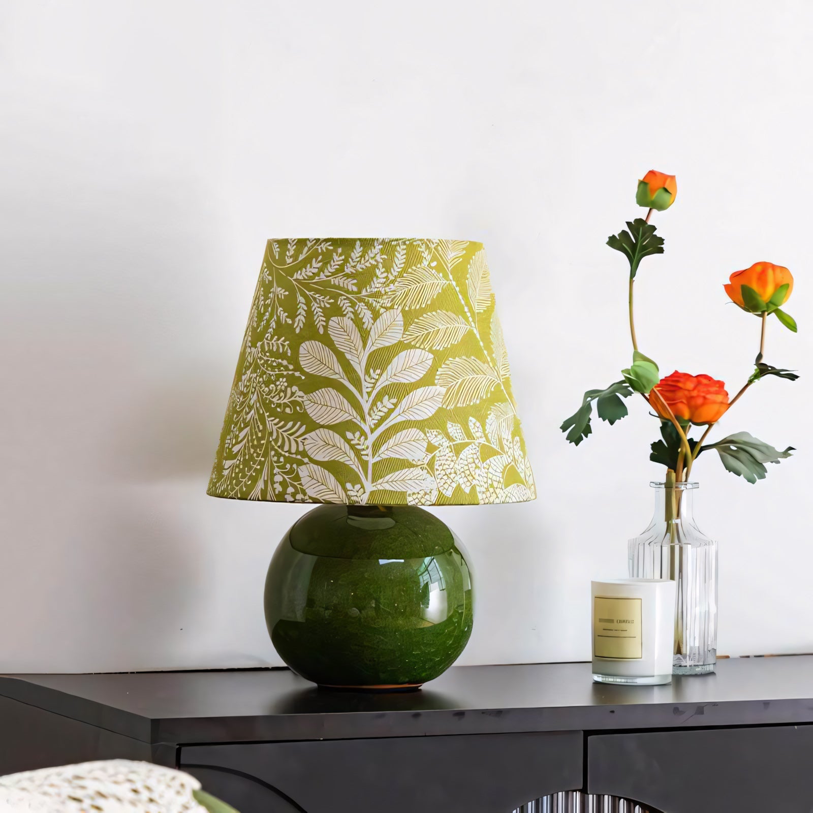 Moss Green Ceramic Table Lamp with Botanical Shade