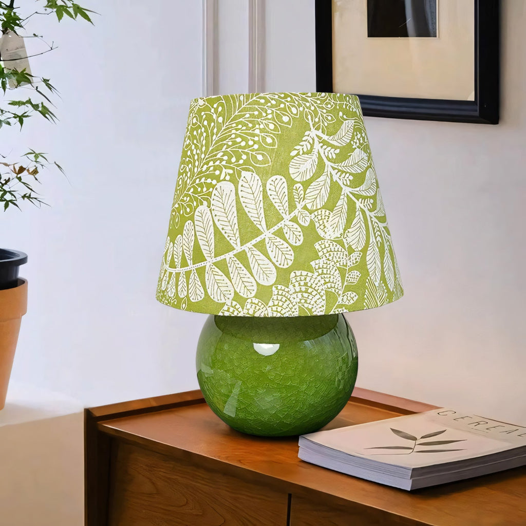 Moss Green Ceramic Table Lamp with Botanical Shade