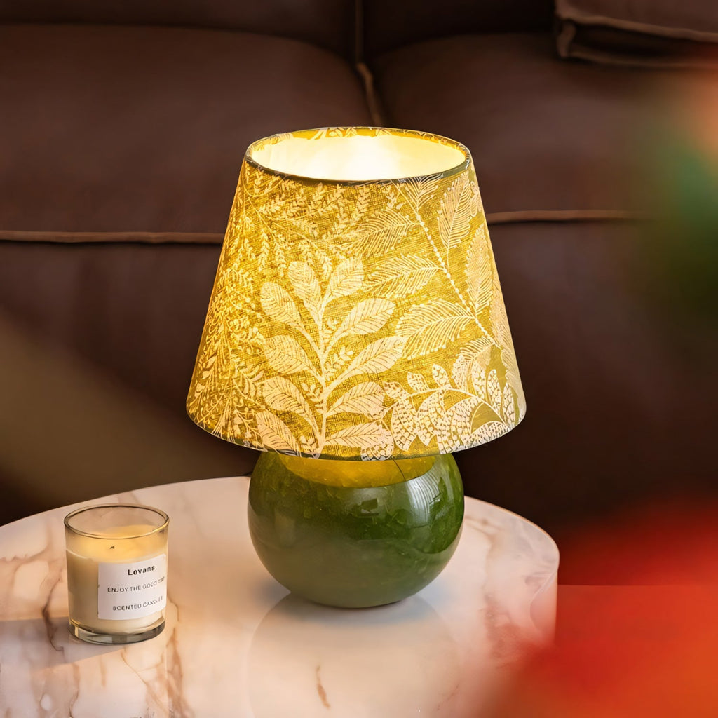 Moss Green Ceramic Table Lamp with Botanical Shade