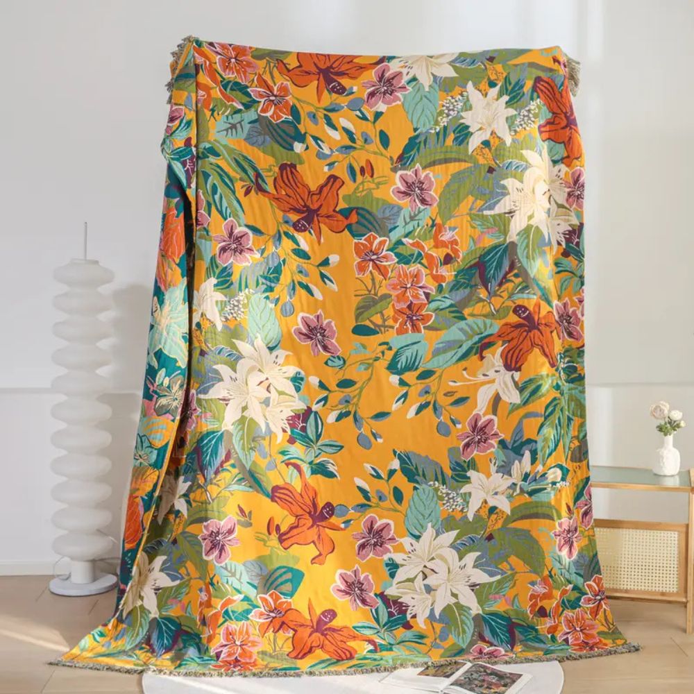 Festival Tropics: Breathable Cotton Blanket with Colorful Tropical Design & Decorative Weaving – for Living & Sleeping Areas