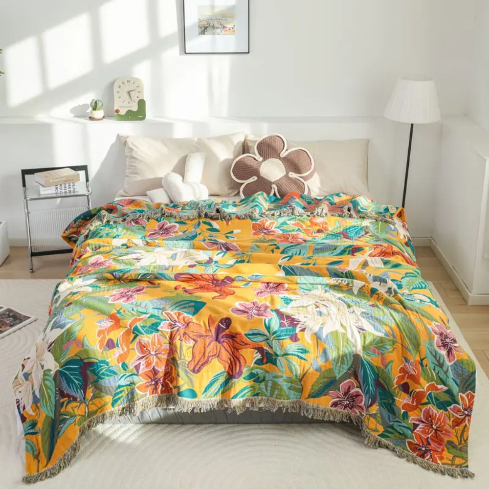 Festival Tropics: Breathable Cotton Blanket with Colorful Tropical Design & Decorative Weaving – for Living & Sleeping Areas