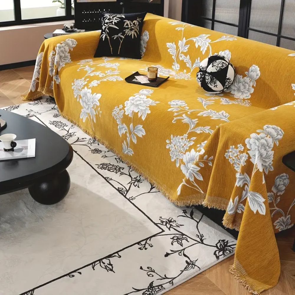 FleurÉternel: Sofa Cover in Jacquard Floral Pattern made of Breathable Chenille with Decorative Fringe – for Sofa & Living Room
