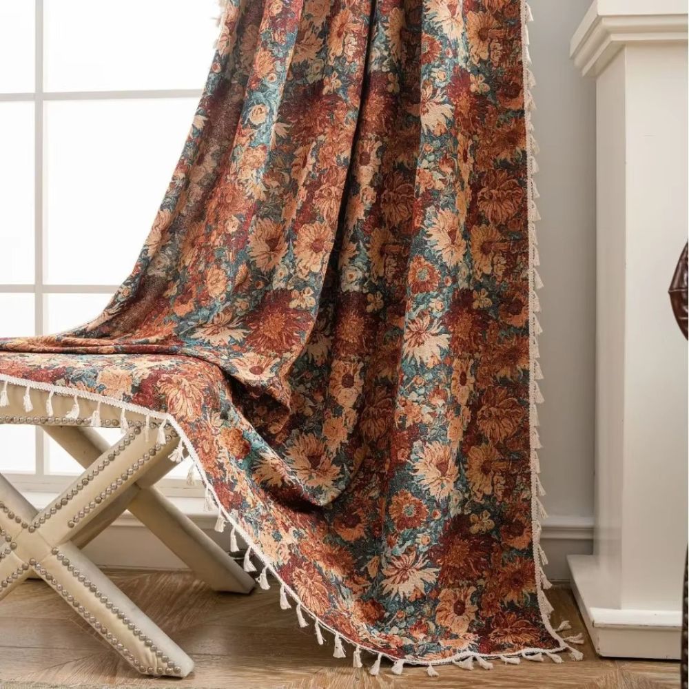 FleurNoveau: Curtain in Vintage Floral Pattern with Tassels – Romantic & Decorative for Living Room & Bedroom
