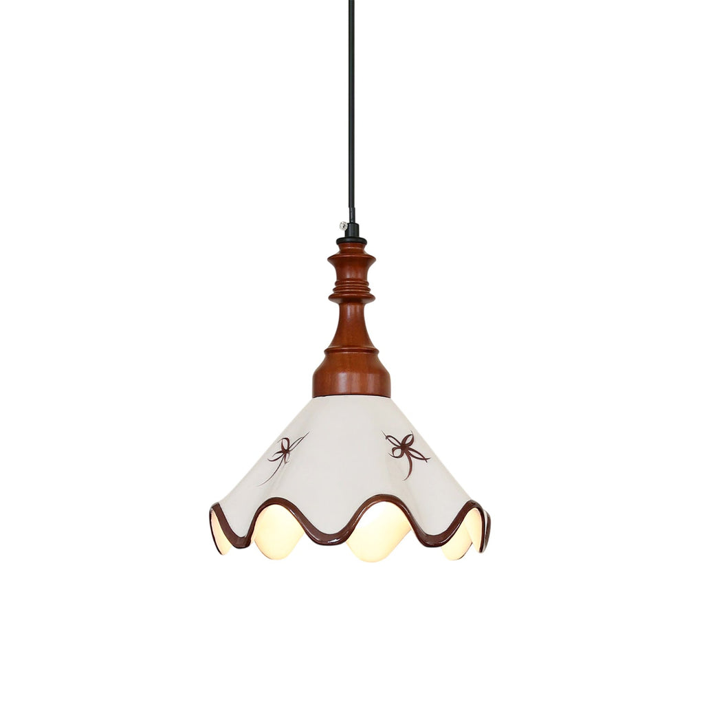 Hand-Painted Ceramic Pendant Light with Oak Neck