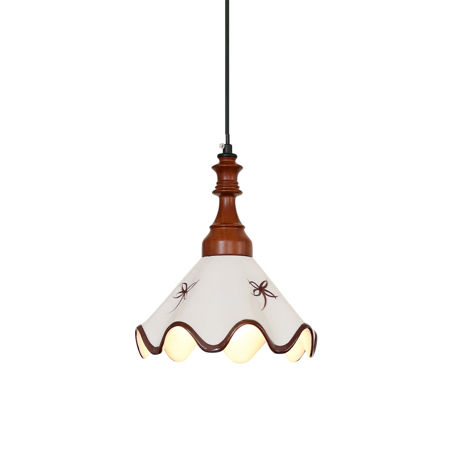 Hand-Painted Ceramic Pendant Light with Oak Neck