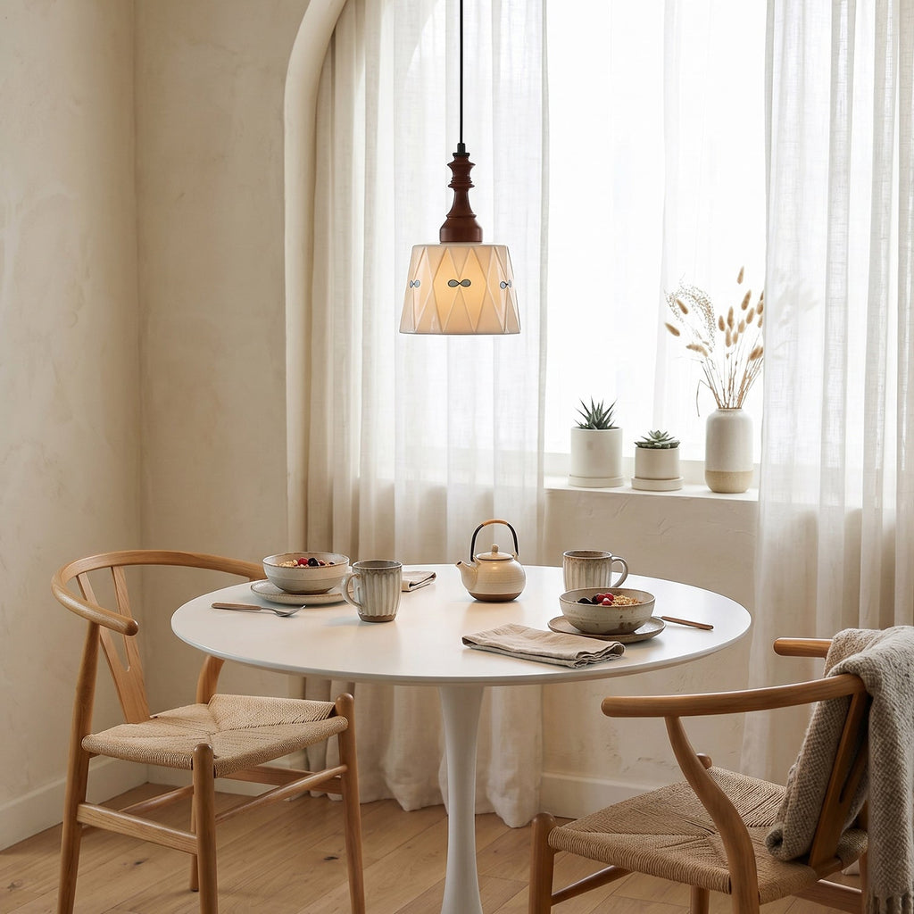 Hand-Painted Ceramic Pendant Light with Oak Neck