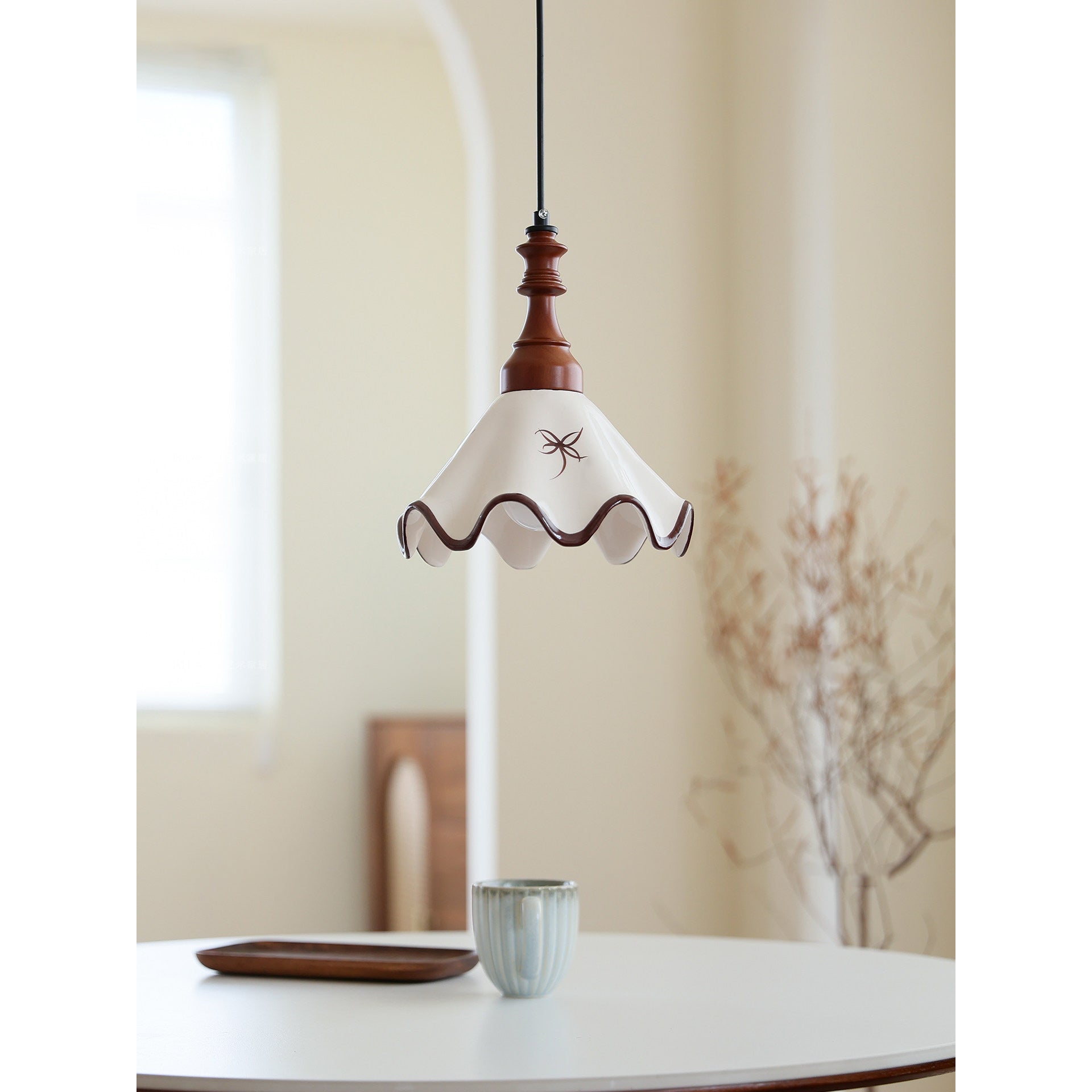 Hand-Painted Ceramic Pendant Light with Oak Neck