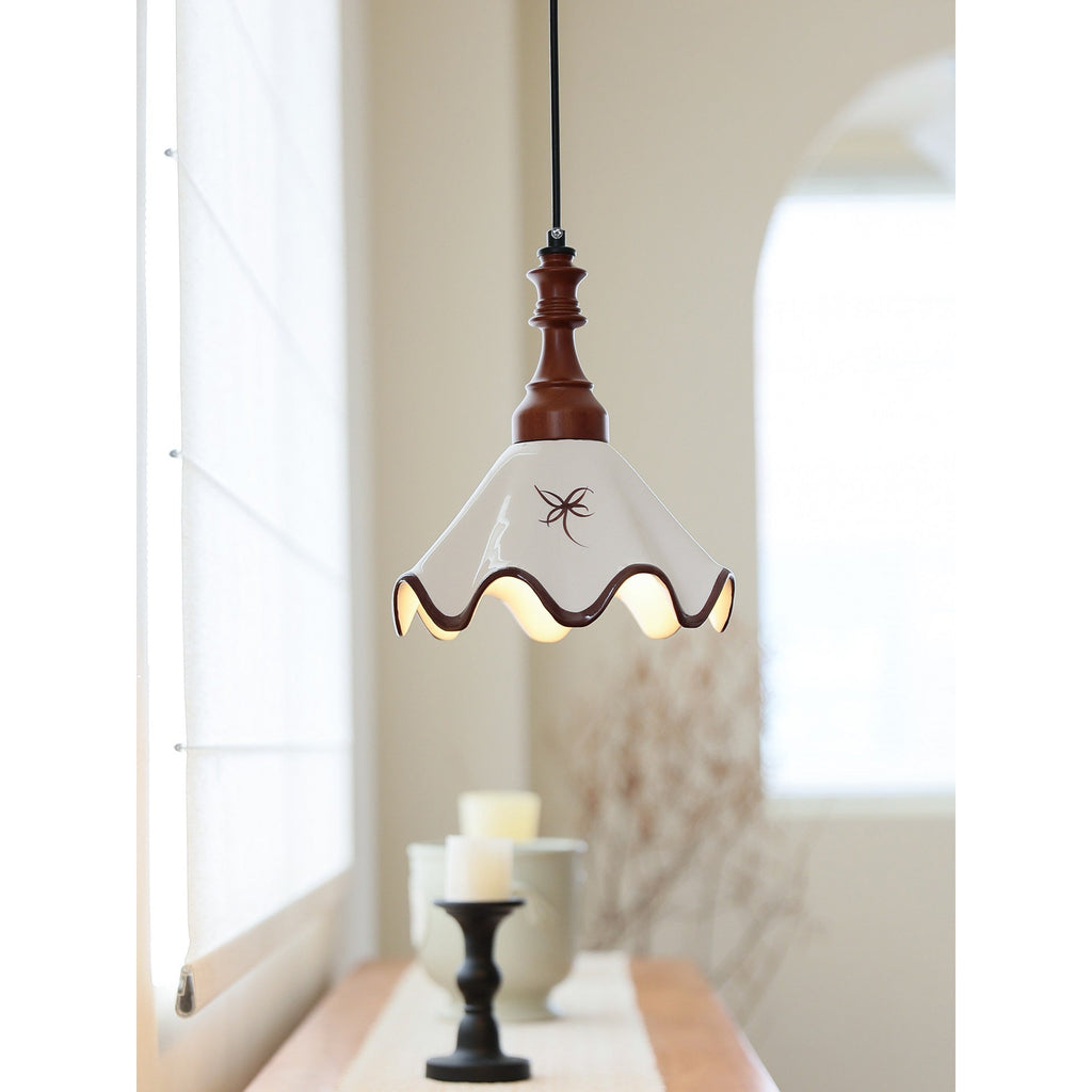 Hand-Painted Ceramic Pendant Light with Oak Neck