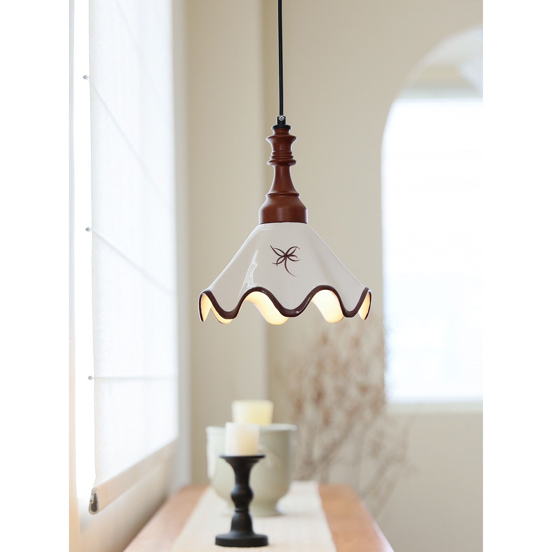 Hand-Painted Ceramic Pendant Light with Oak Neck