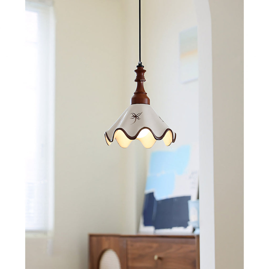 Hand-Painted Ceramic Pendant Light with Oak Neck
