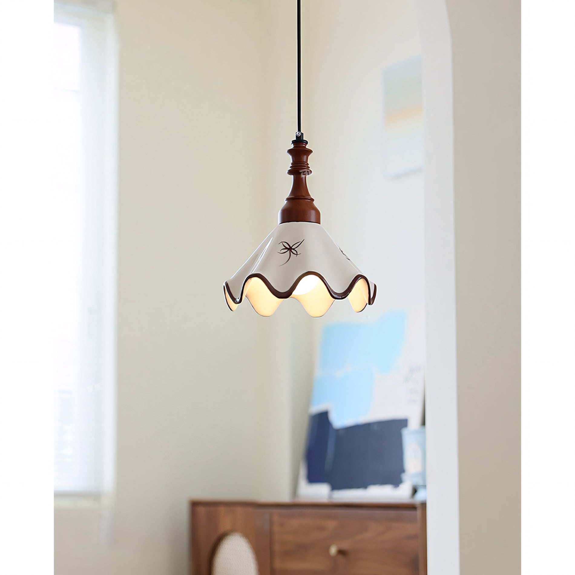 Hand-Painted Ceramic Pendant Light with Oak Neck