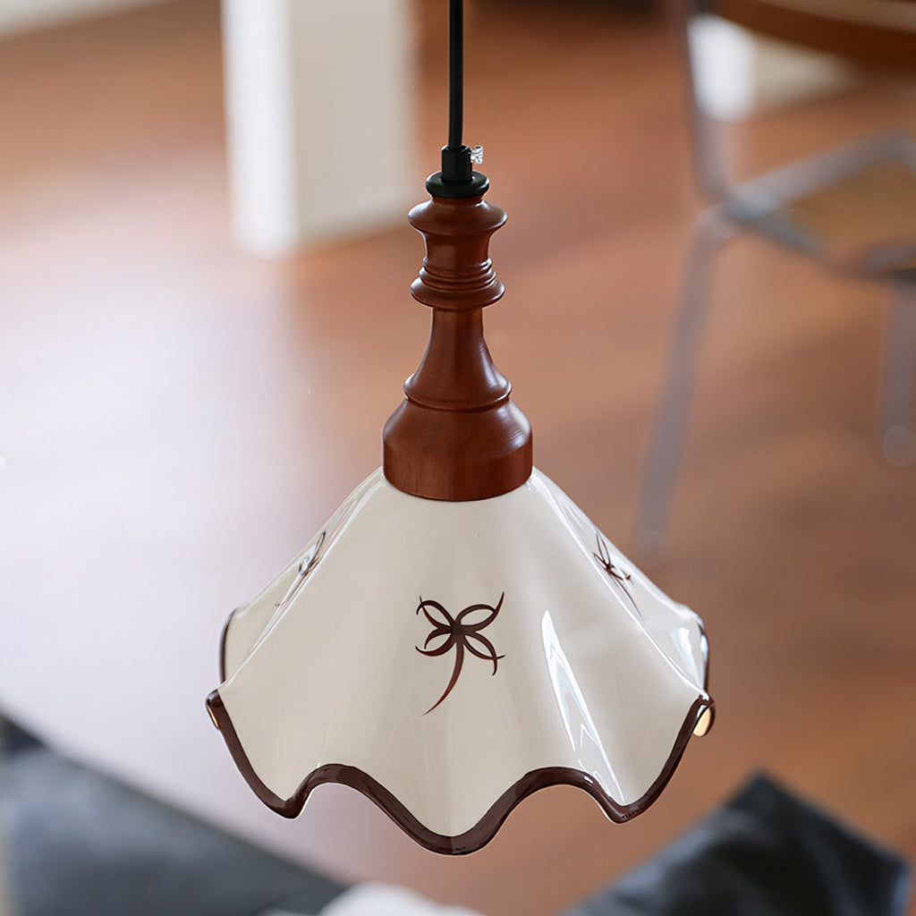 Hand-Painted Ceramic Pendant Light with Oak Neck