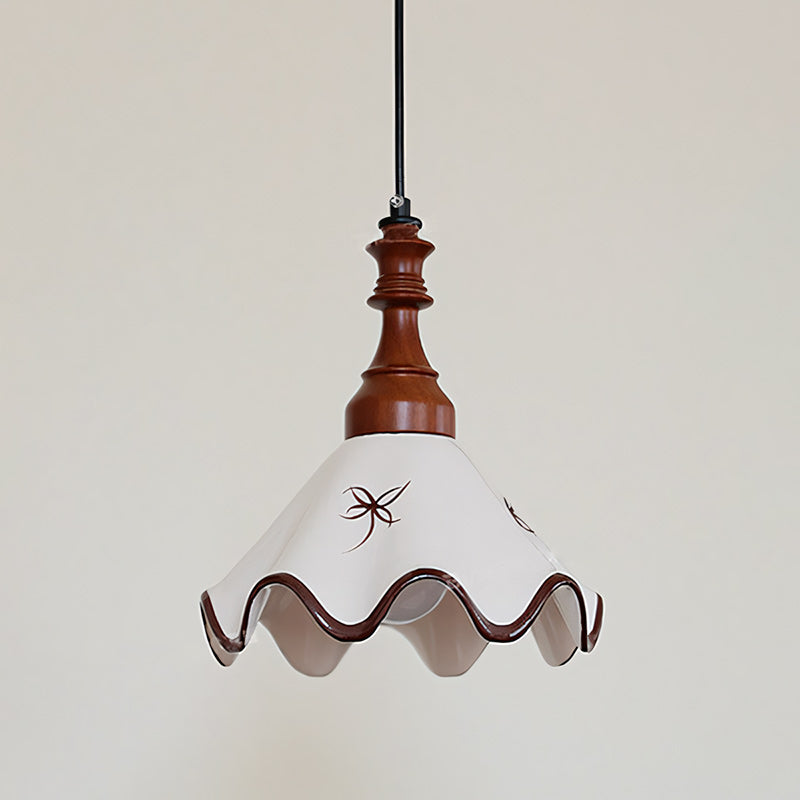 Hand-Painted Ceramic Pendant Light with Oak Neck