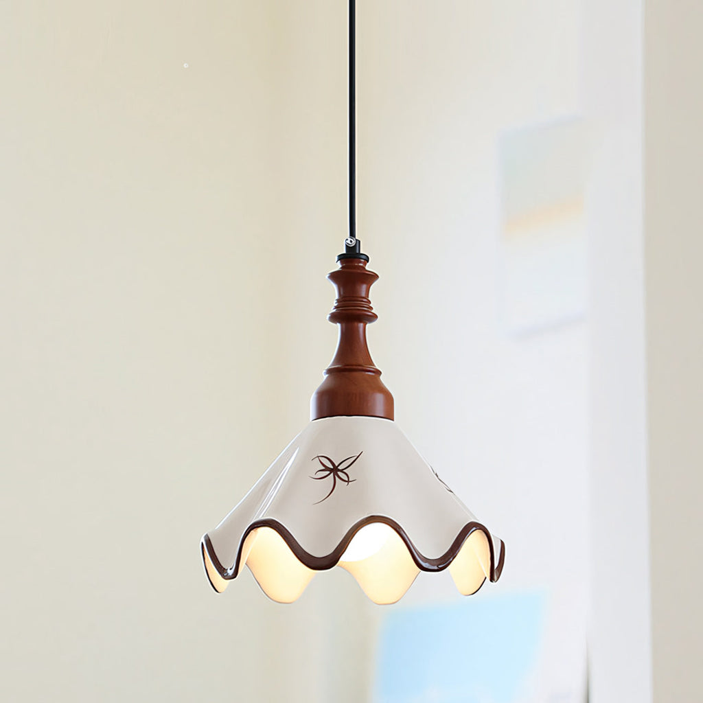 Hand-Painted Ceramic Pendant Light with Oak Neck