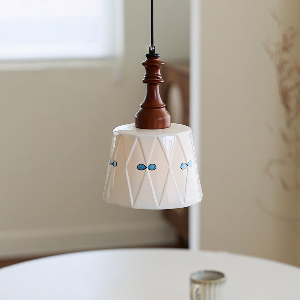 Hand-Painted Ceramic Pendant Light with Oak Neck