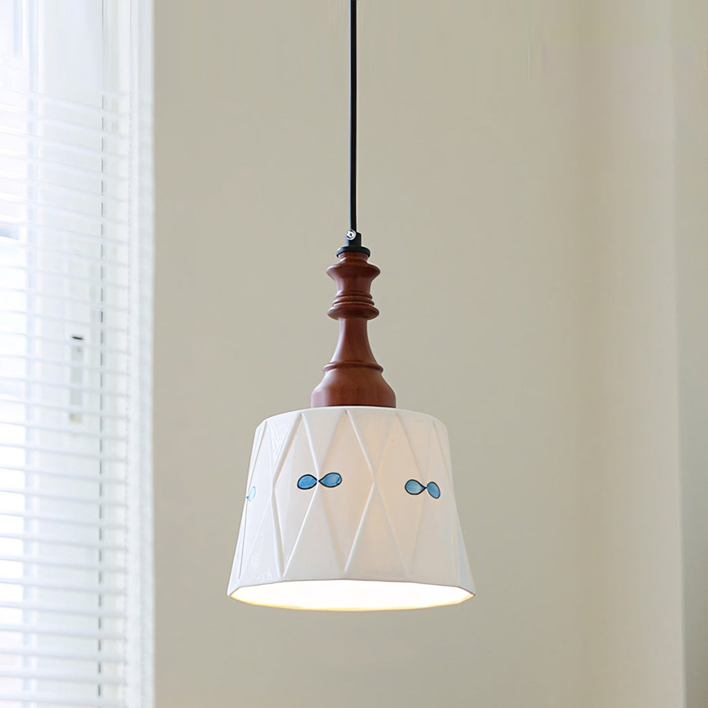 Hand-Painted Ceramic Pendant Light with Oak Neck
