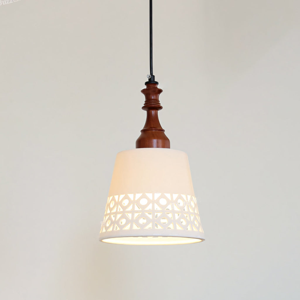 Hand-Painted Ceramic Pendant Light with Oak Neck
