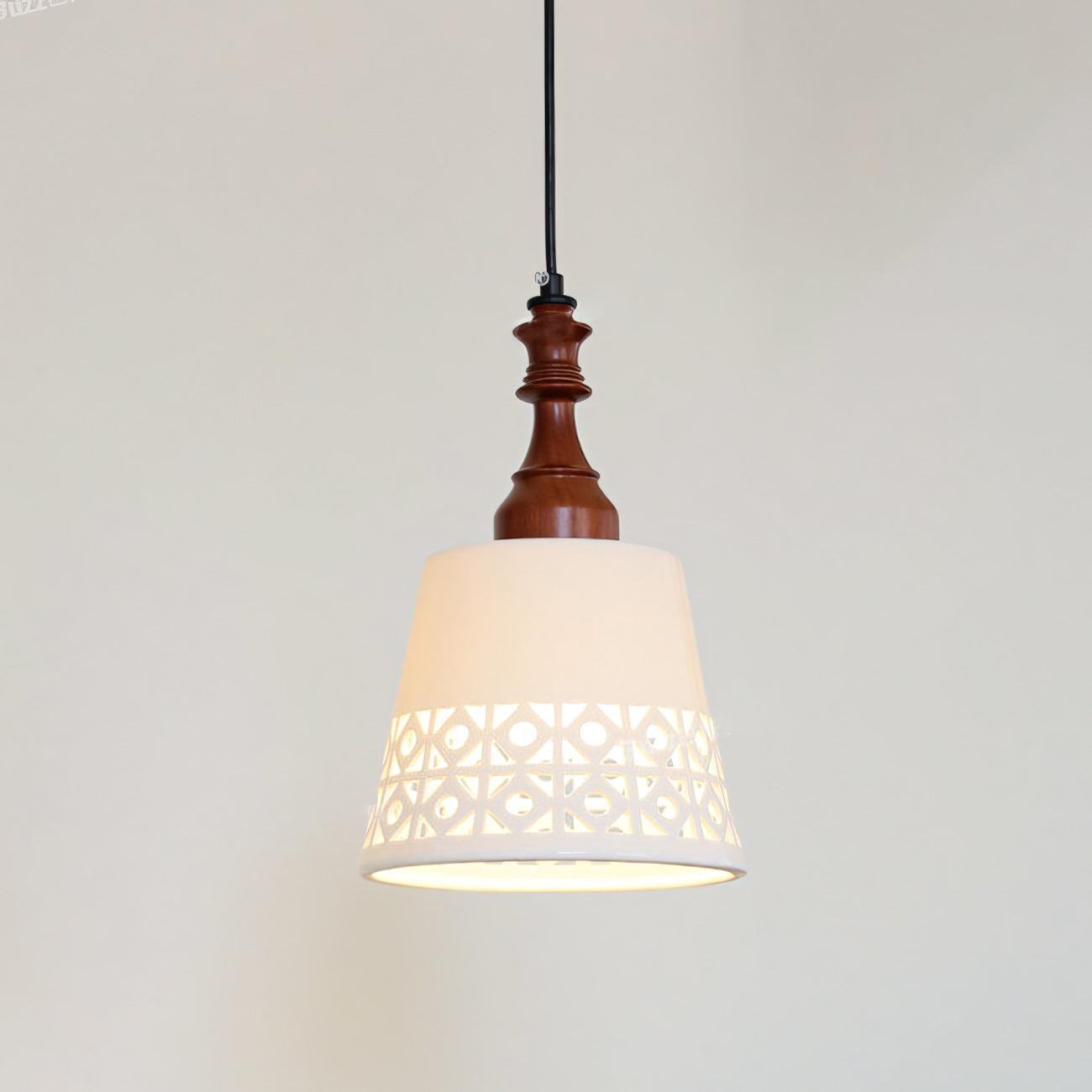 Hand-Painted Ceramic Pendant Light with Oak Neck