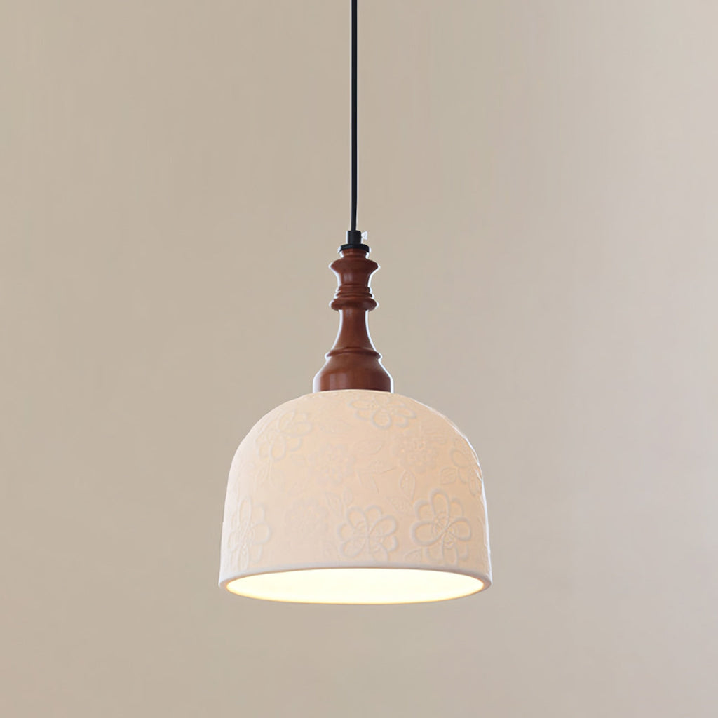 Hand-Painted Ceramic Pendant Light with Oak Neck