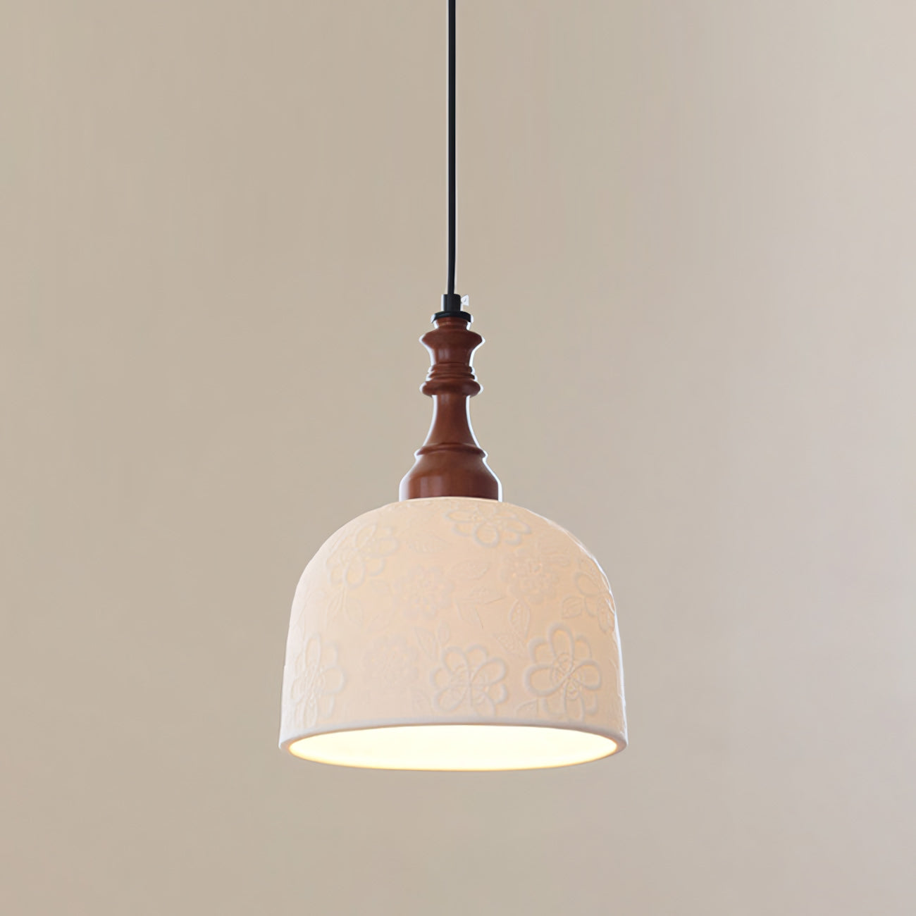Hand-Painted Ceramic Pendant Light with Oak Neck