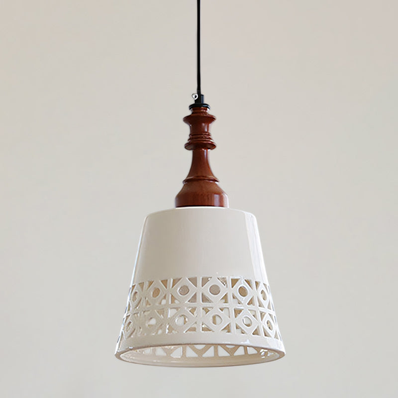 Hand-Painted Ceramic Pendant Light with Oak Neck
