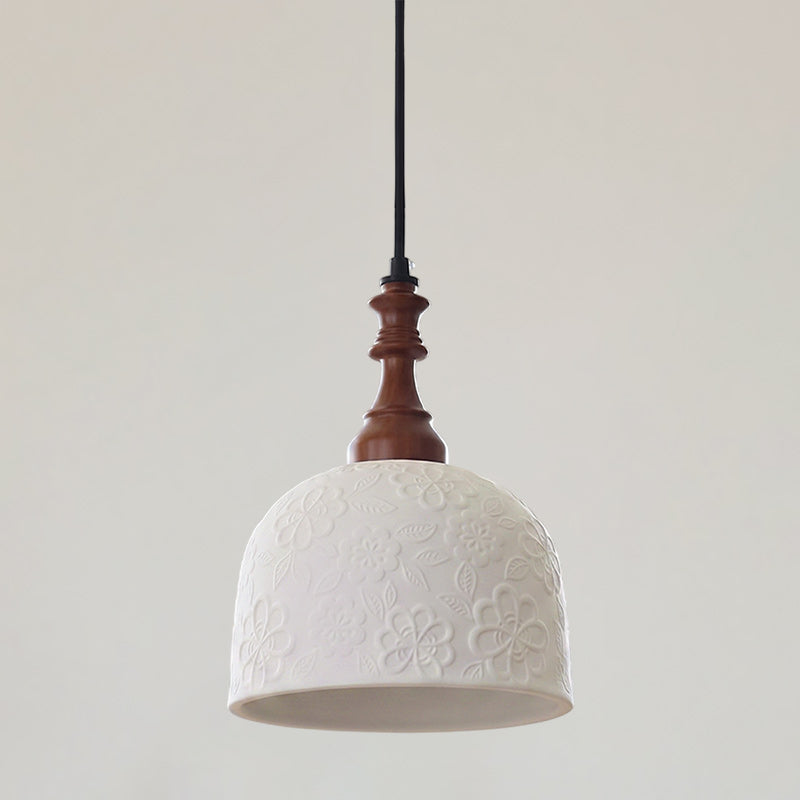 Hand-Painted Ceramic Pendant Light with Oak Neck