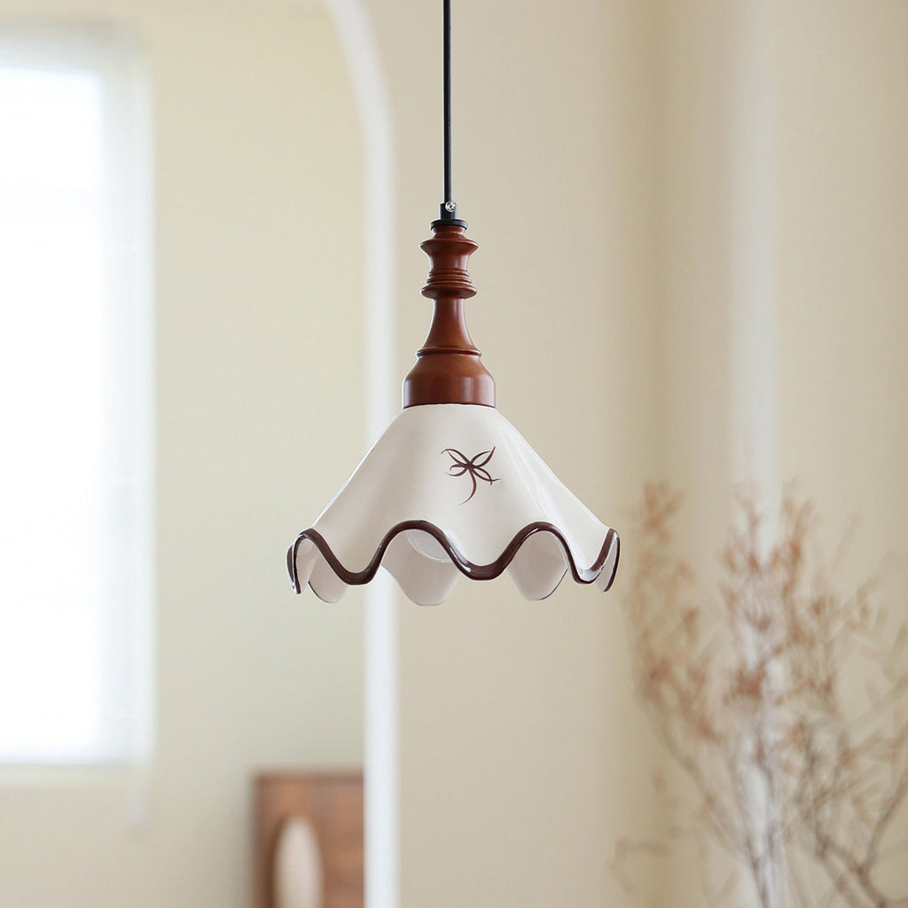 Hand-Painted Ceramic Pendant Light with Oak Neck