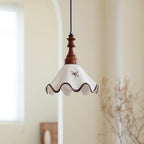 Hand-Painted Ceramic Pendant Light with Oak Neck