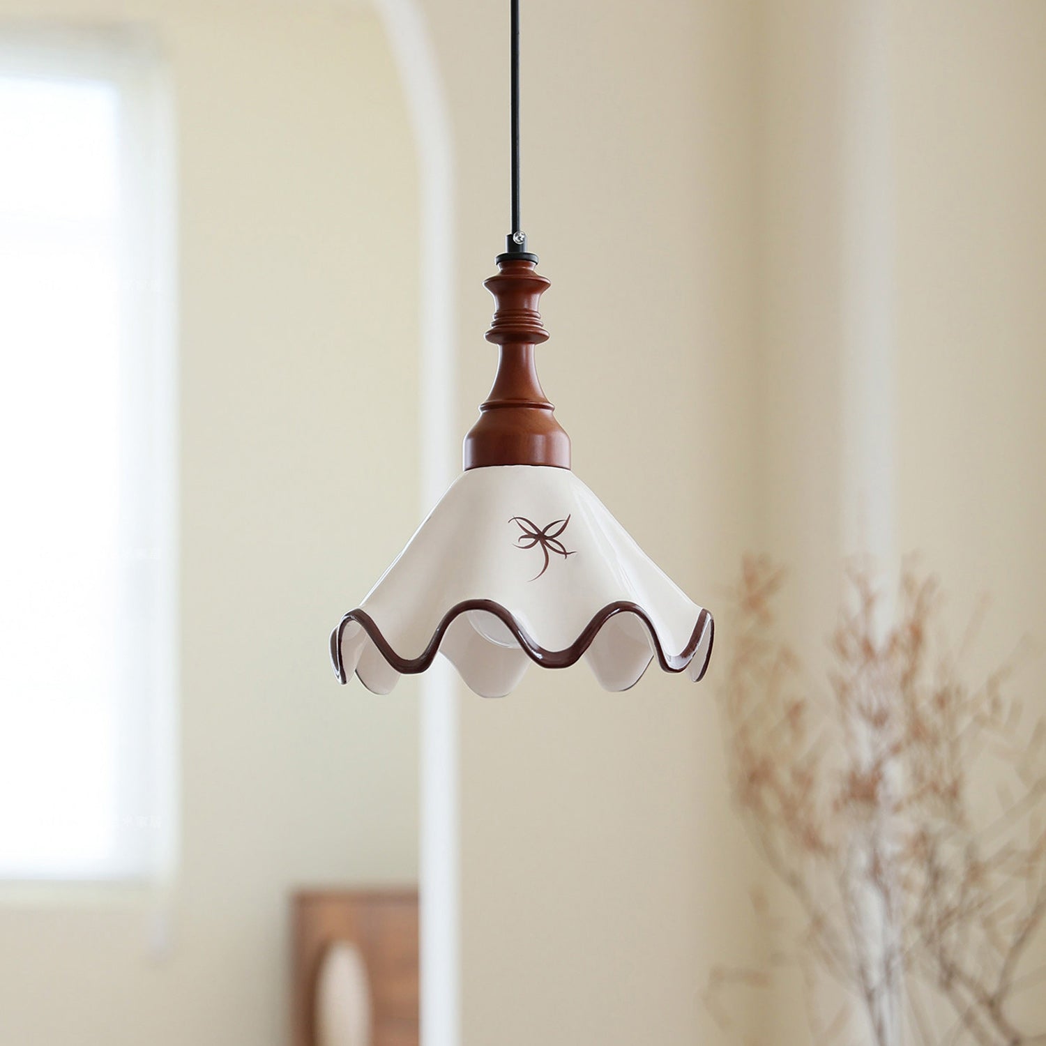 Hand-Painted Ceramic Pendant Light with Oak Neck
