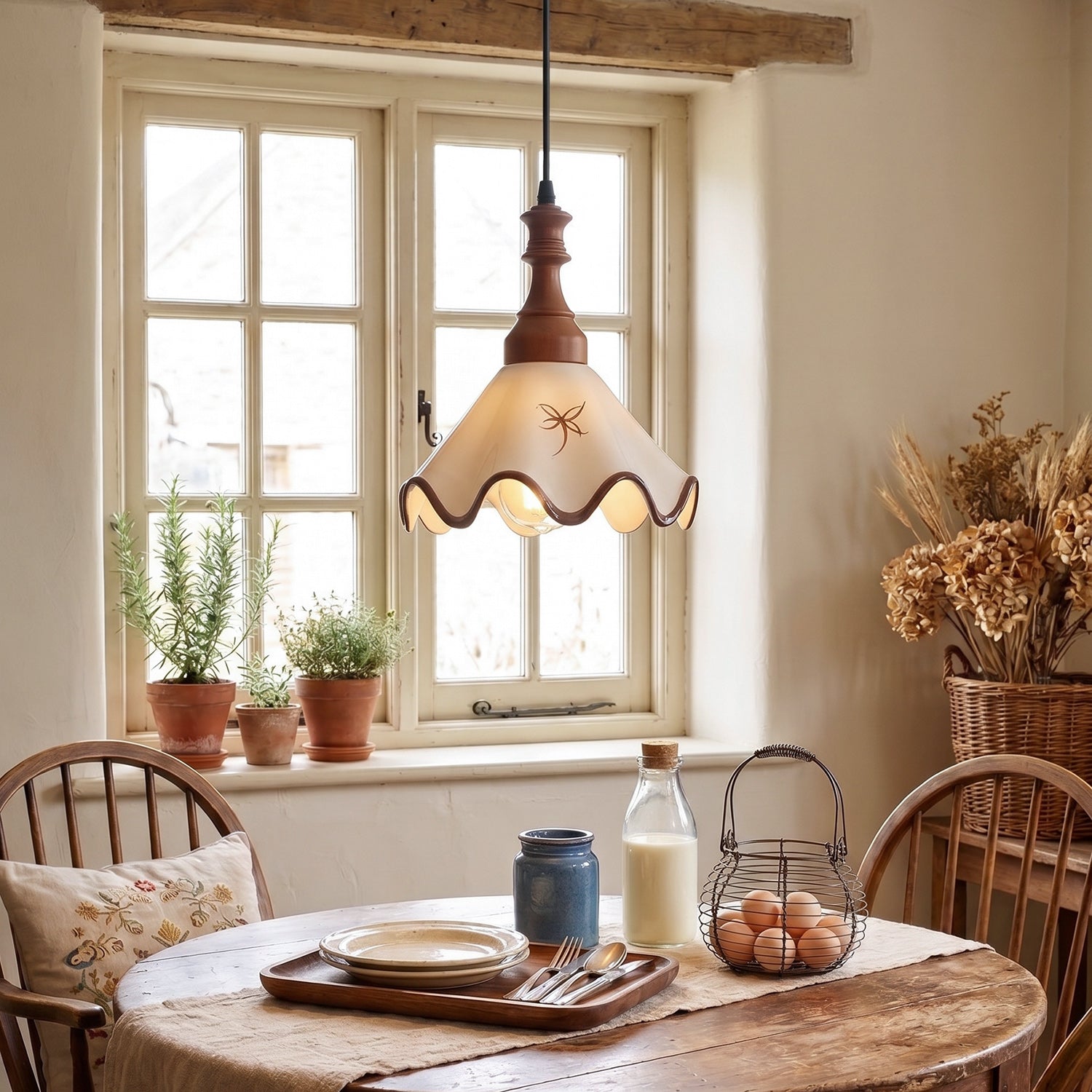 Hand-Painted Ceramic Pendant Light with Oak Neck