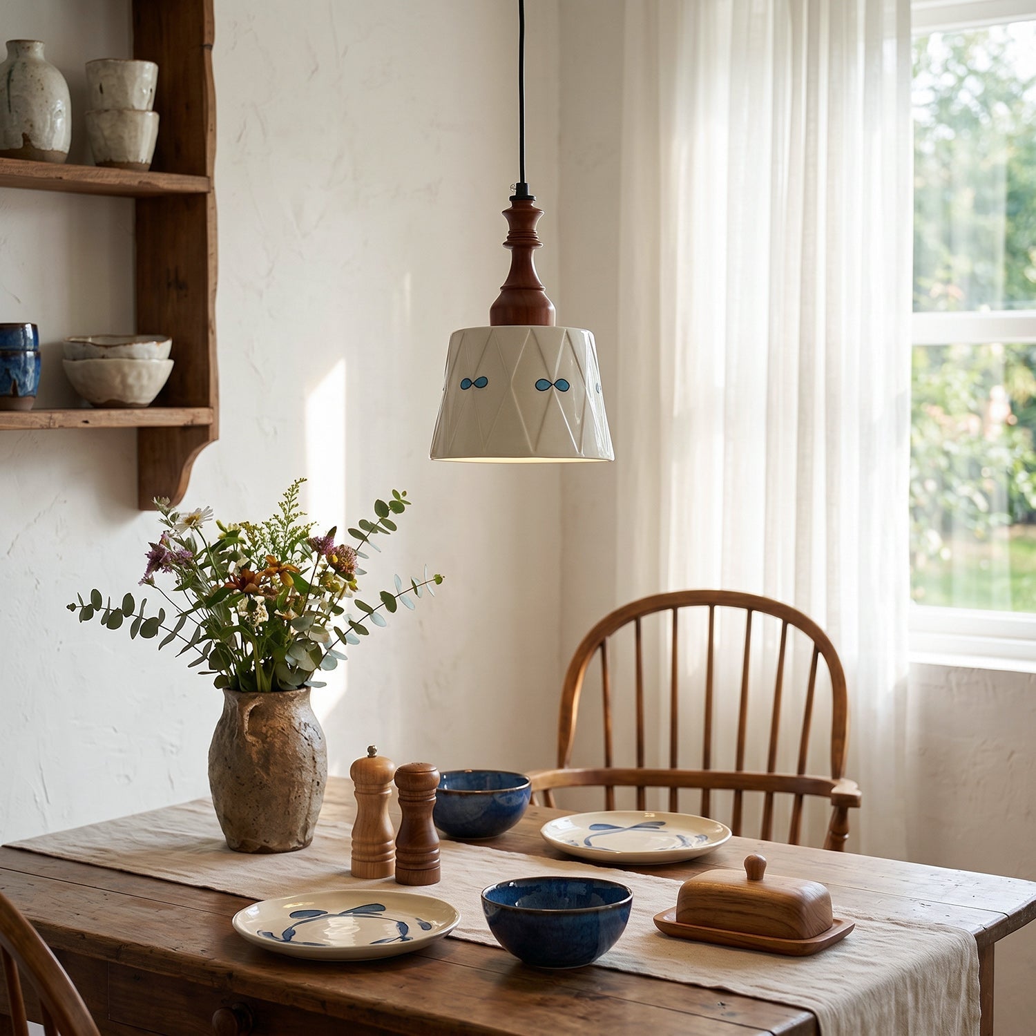 Hand-Painted Ceramic Pendant Light with Oak Neck