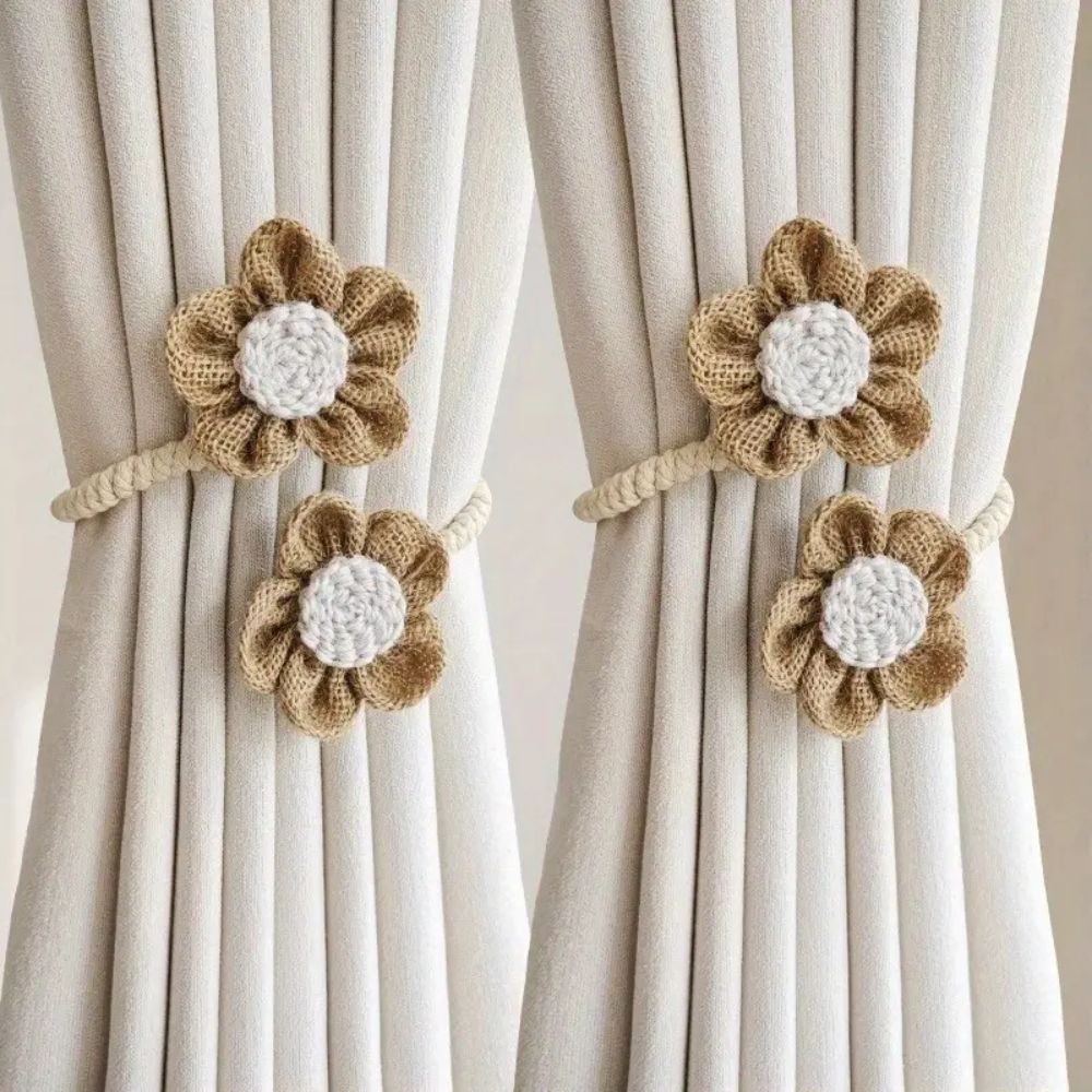 FloraHanf: Curtain Holders with Floral Design & Hemp Rope – Decorative Accessories in a Set of 2