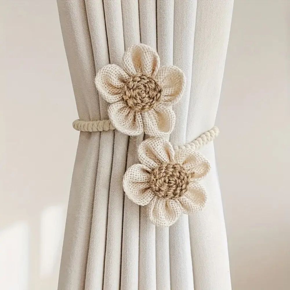 FloraHanf: Curtain Holders with Floral Design & Hemp Rope – Decorative Accessories in a Set of 2