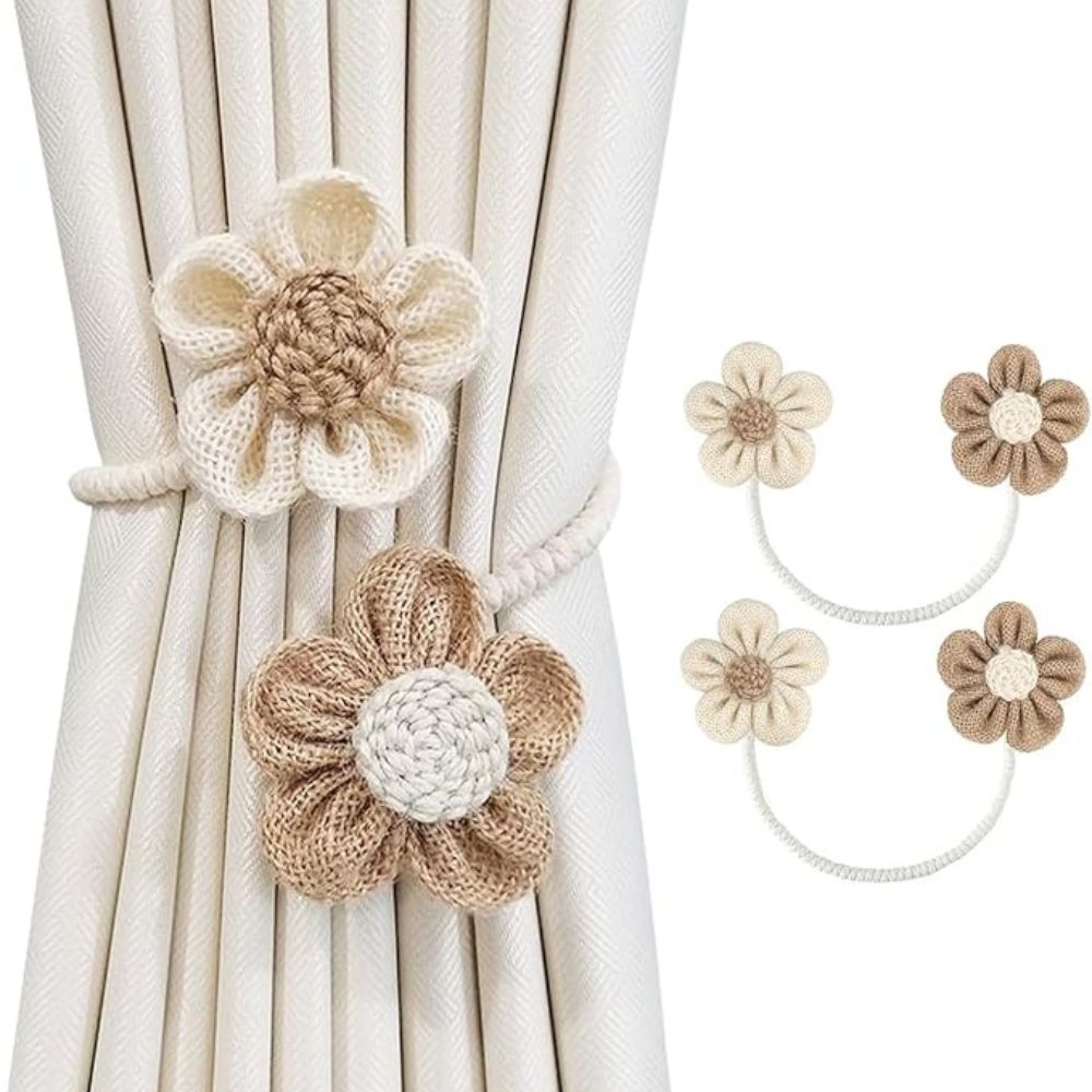 FloraHanf: Curtain Holders with Floral Design & Hemp Rope – Decorative Accessories in a Set of 2