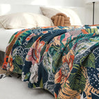 FloraSoleil: Cotton blankets in tropical flower pattern with jacquard weaving & reversible structure – for sofa & bedroom