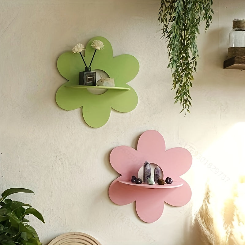 FloraVista: Wooden Wall Shelf – Rustic, Multifunctional & Floating with Floral Design for Living Room & Office