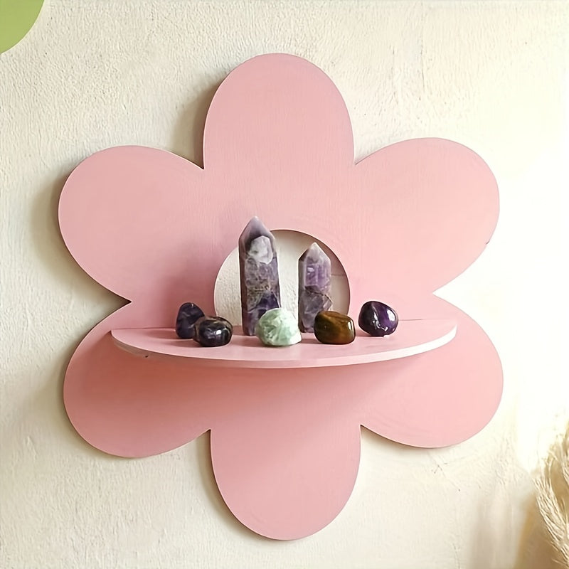 FloraVista: Wooden Wall Shelf – Rustic, Multifunctional & Floating with Floral Design for Living Room & Office