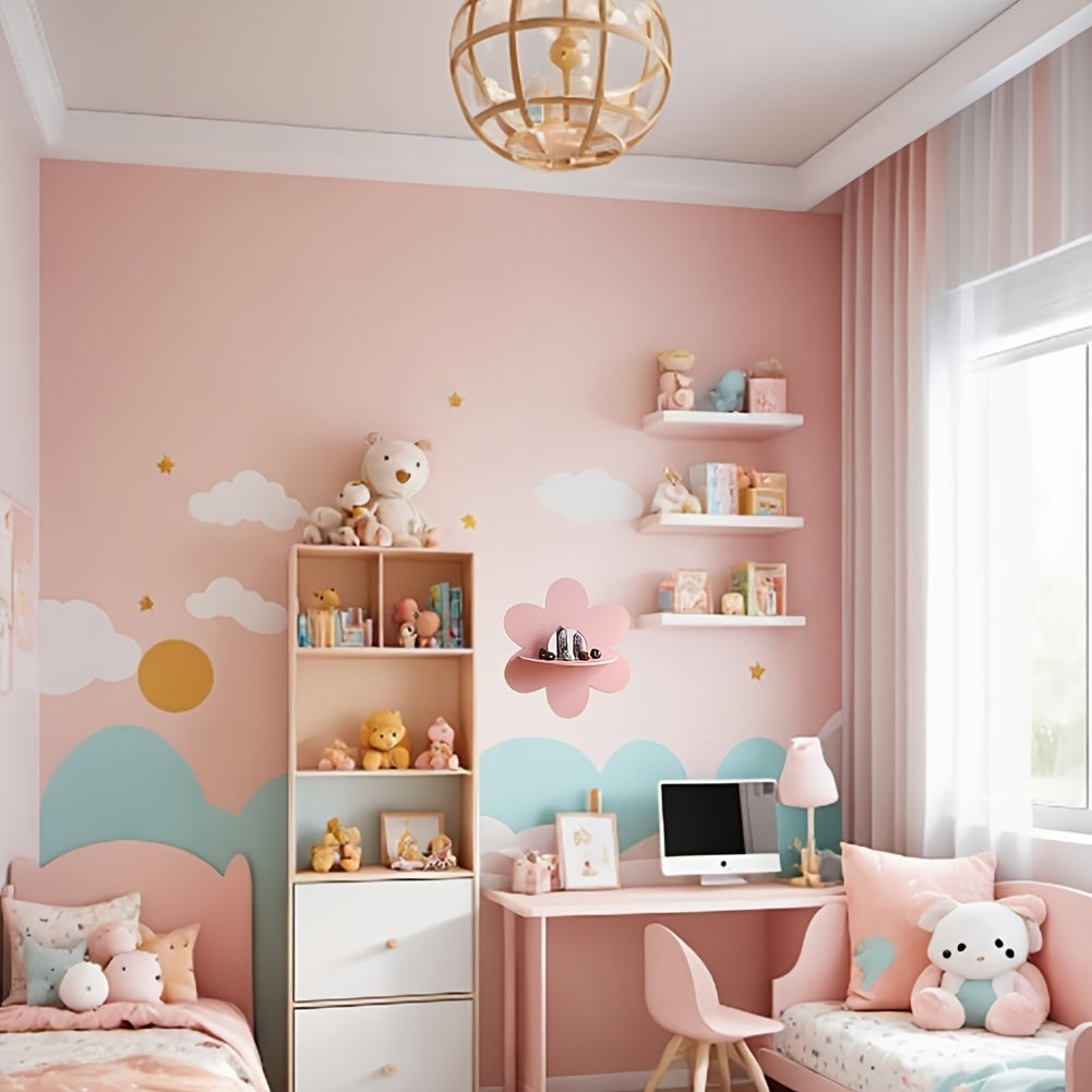 FloraVista: Wooden Wall Shelf – Rustic, Multifunctional & Floating with Floral Design for Living Room & Office