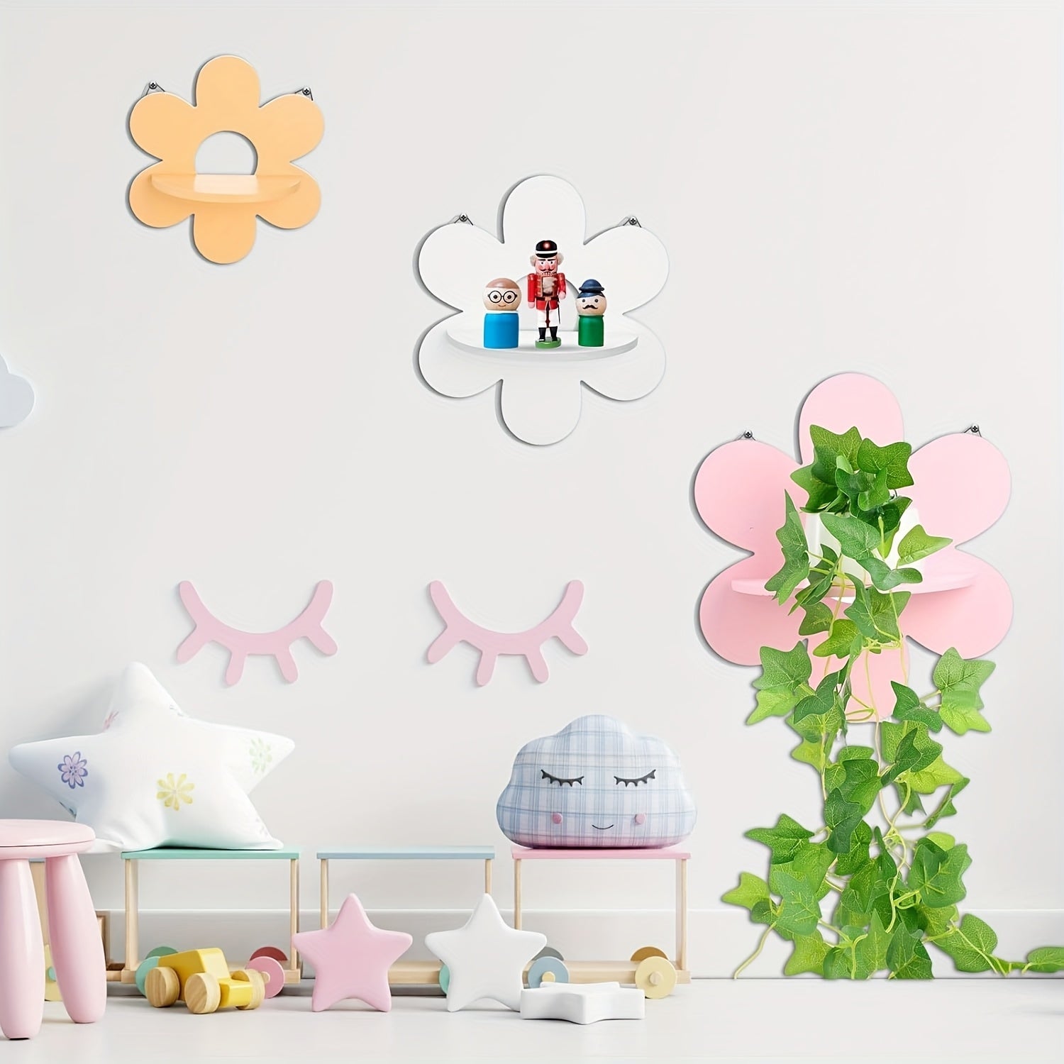 FloraVista: Wooden Wall Shelf – Rustic, Multifunctional & Floating with Floral Design for Living Room & Office