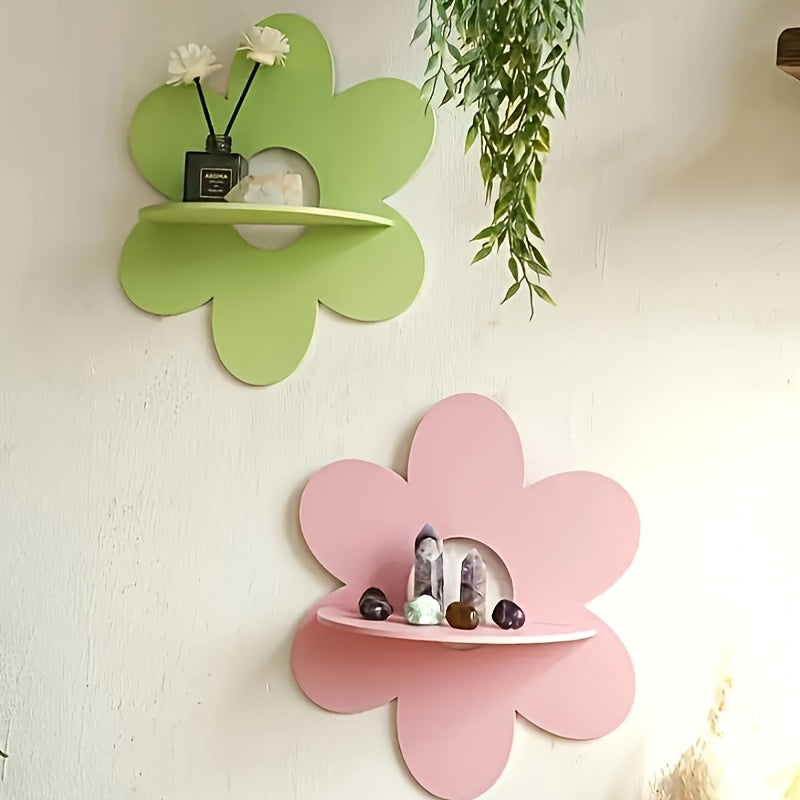 FloraVista: Wooden Wall Shelf – Rustic, Multifunctional & Floating with Floral Design for Living Room & Office