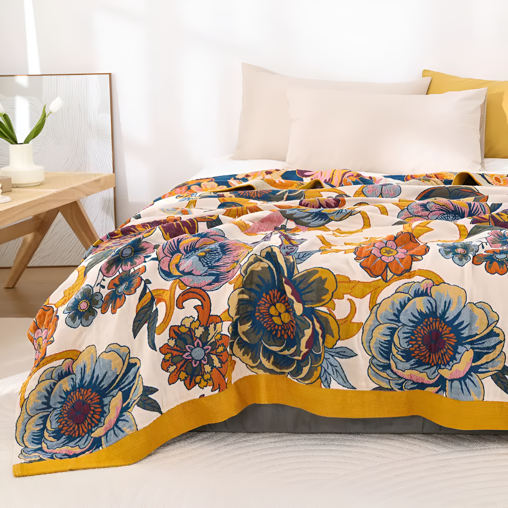 FloraLoom: Decorative Cotton Blanket with Floral Pattern and Reversible Side – for Bedroom and Living Room