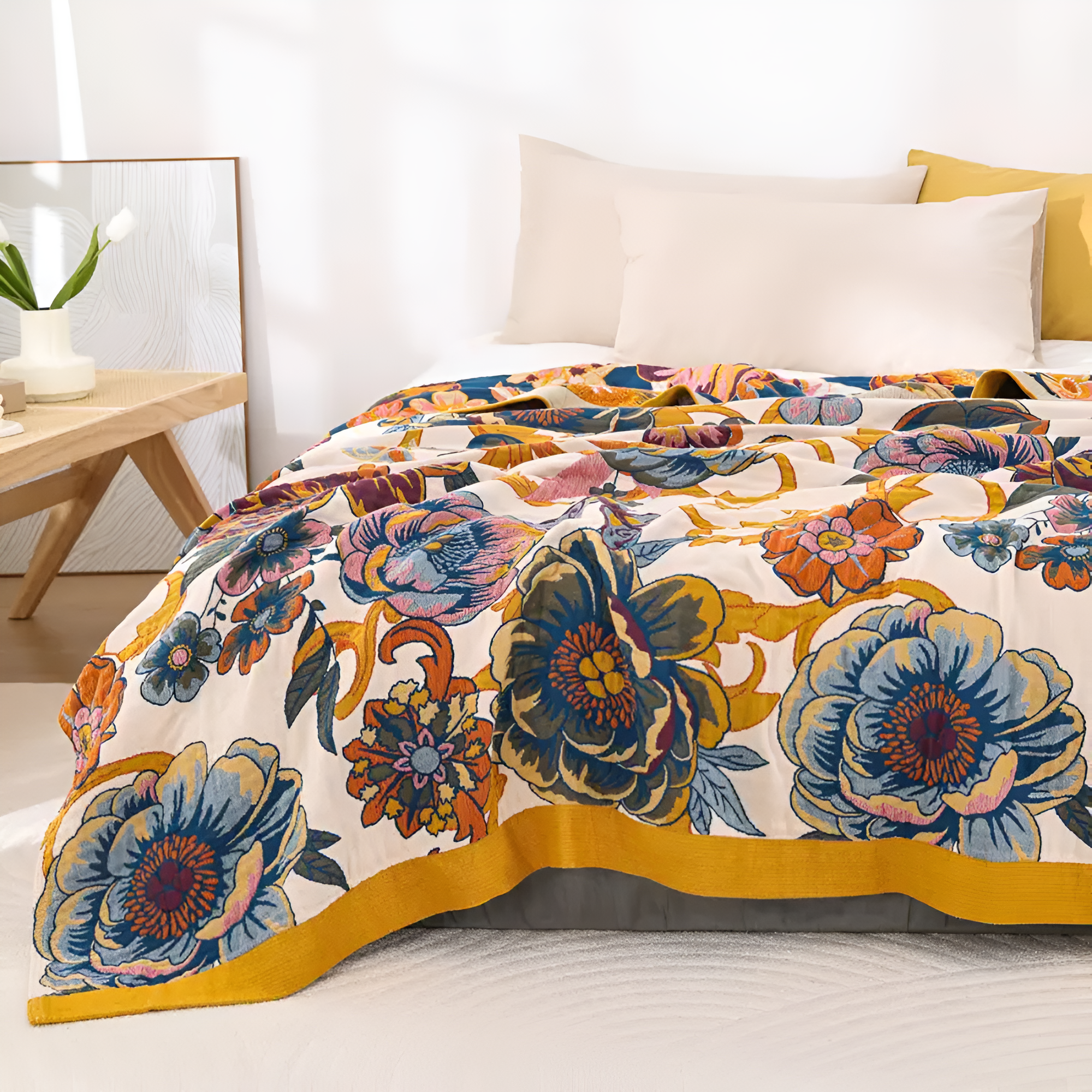 FloraLoom: Decorative Cotton Blanket with Floral Pattern and Reversible Side – for Bedroom and Living Room