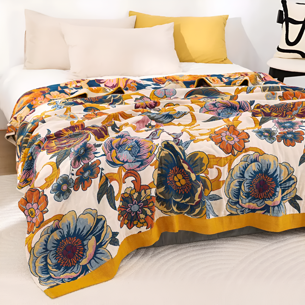 FloraLoom: Decorative Cotton Blanket with Floral Pattern and Reversible Side – for Bedroom and Living Room