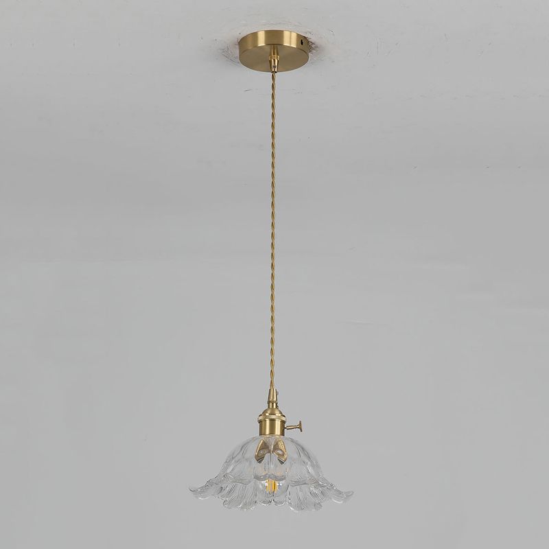 Floraglow: Pendant Light Made of Ribbed Glass & Metal in Golden Flower Shape – for Living Room & Bedroom