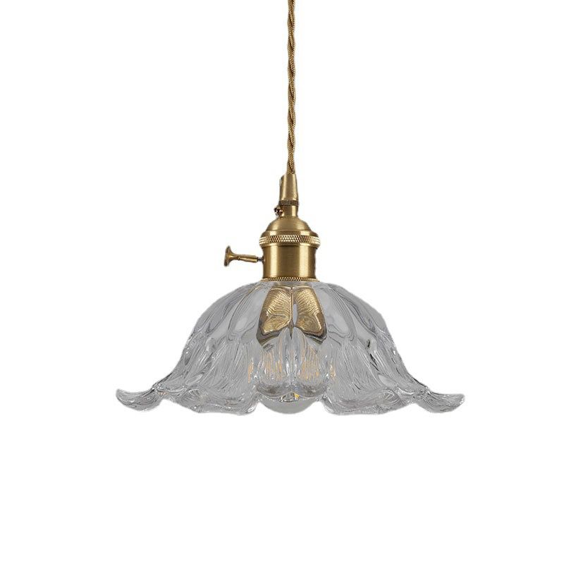 Floraglow: Pendant Light Made of Ribbed Glass & Metal in Golden Flower Shape – for Living Room & Bedroom