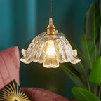 Floraglow: Pendant Light Made of Ribbed Glass & Metal in Golden Flower Shape – for Living Room & Bedroom