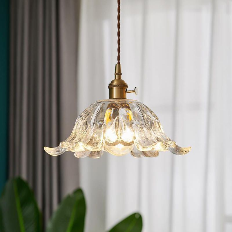 Floraglow: Pendant Light Made of Ribbed Glass & Metal in Golden Flower Shape – for Living Room & Bedroom